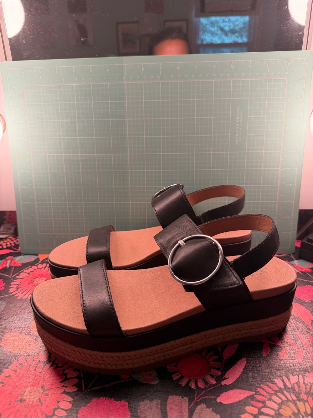UGG Black Platform Slingback Sandals with Silver Buckle